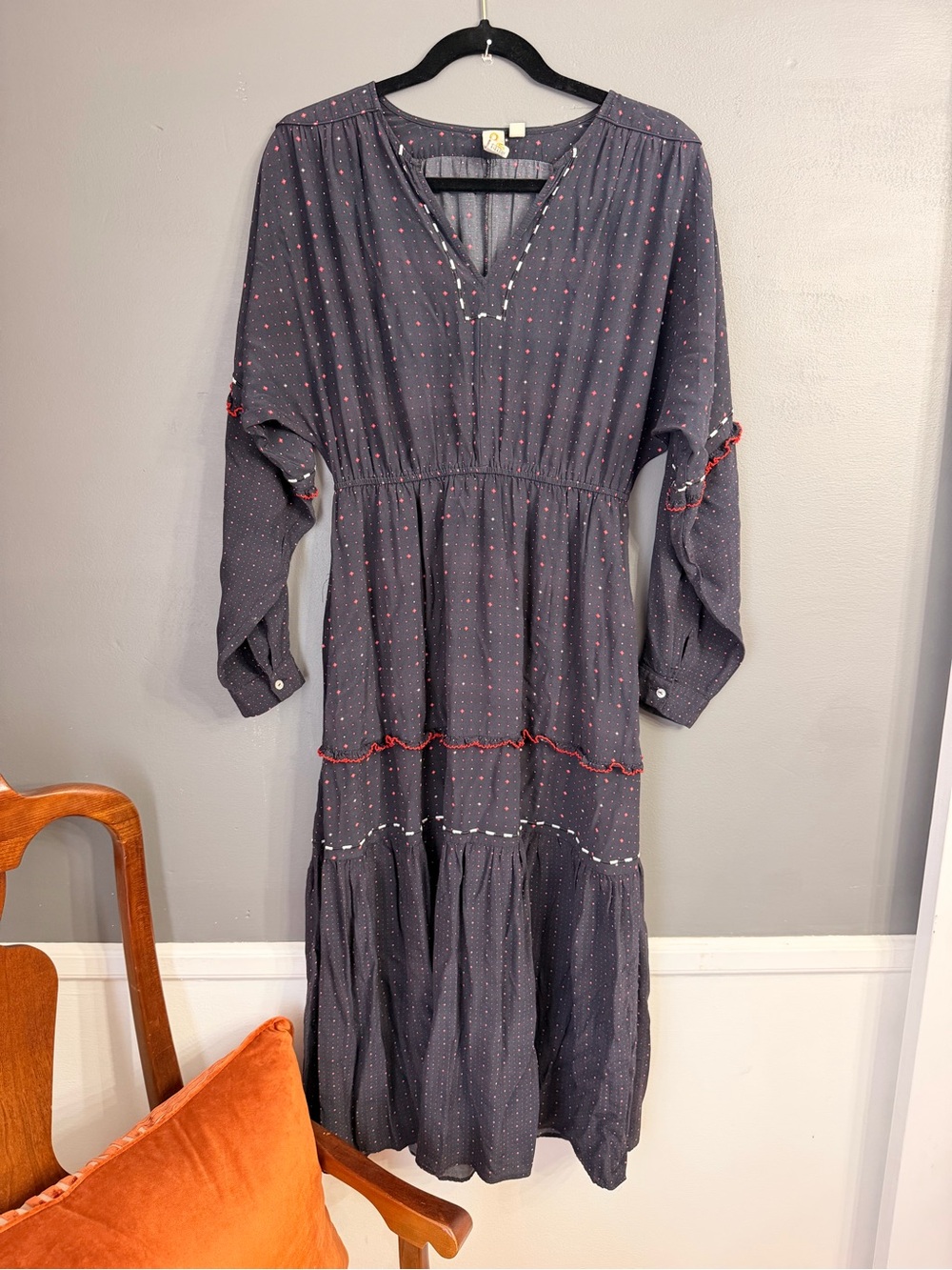 Anthropology Dolan Charcoal Maxi Dress with Red Dot Accents SzS - Picture 1 of 4